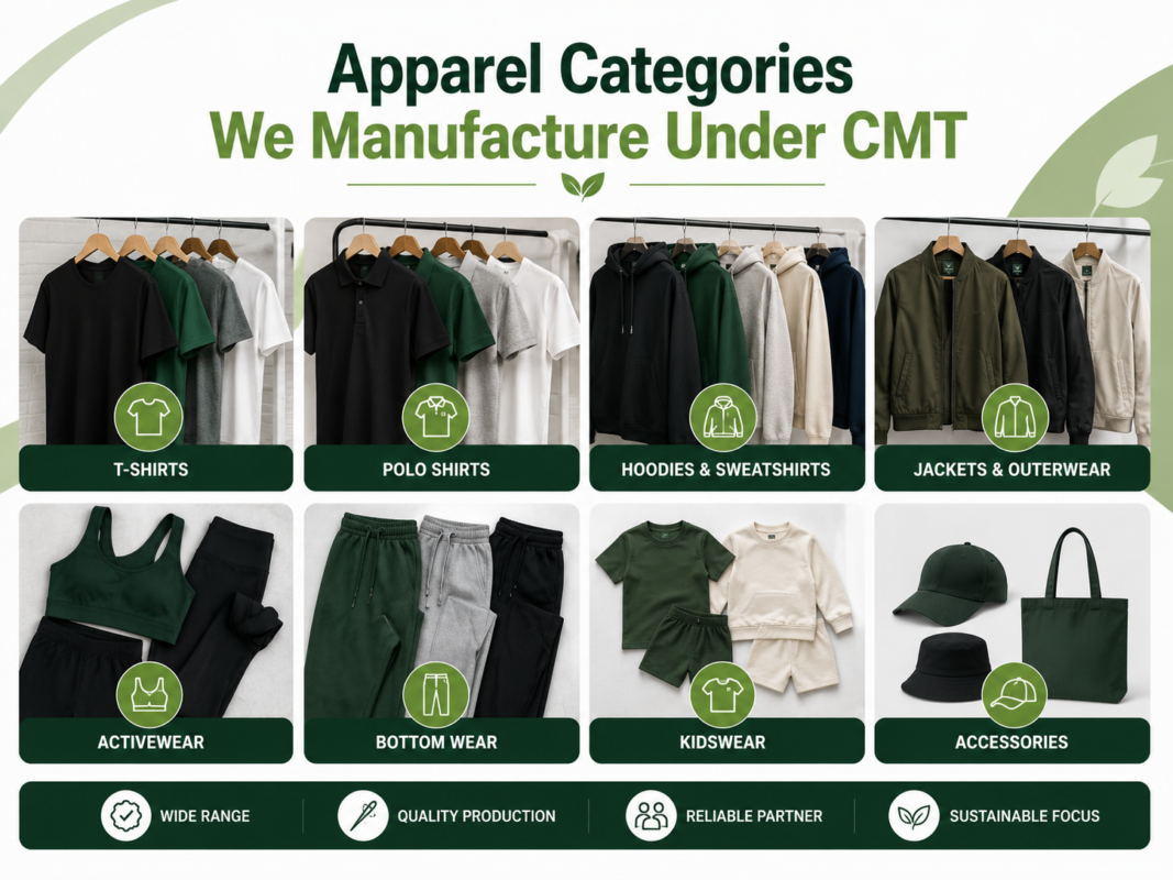 Apparel categories manufactured under CMT by Eco Jersey - T-shirts, polo shirts, hoodies, jackets, activewear, bottom wear, kidswear, and accessories
