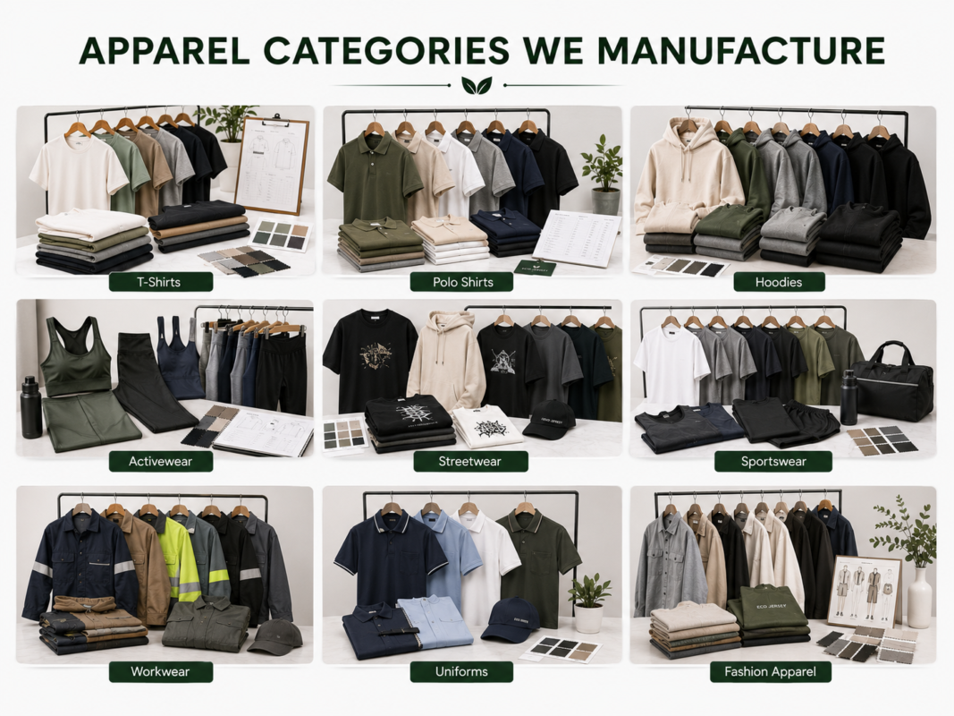 Apparel categories manufactured under low MOQ by Eco Jersey - t-shirts, polo shirts, hoodies and more garment types on display racks