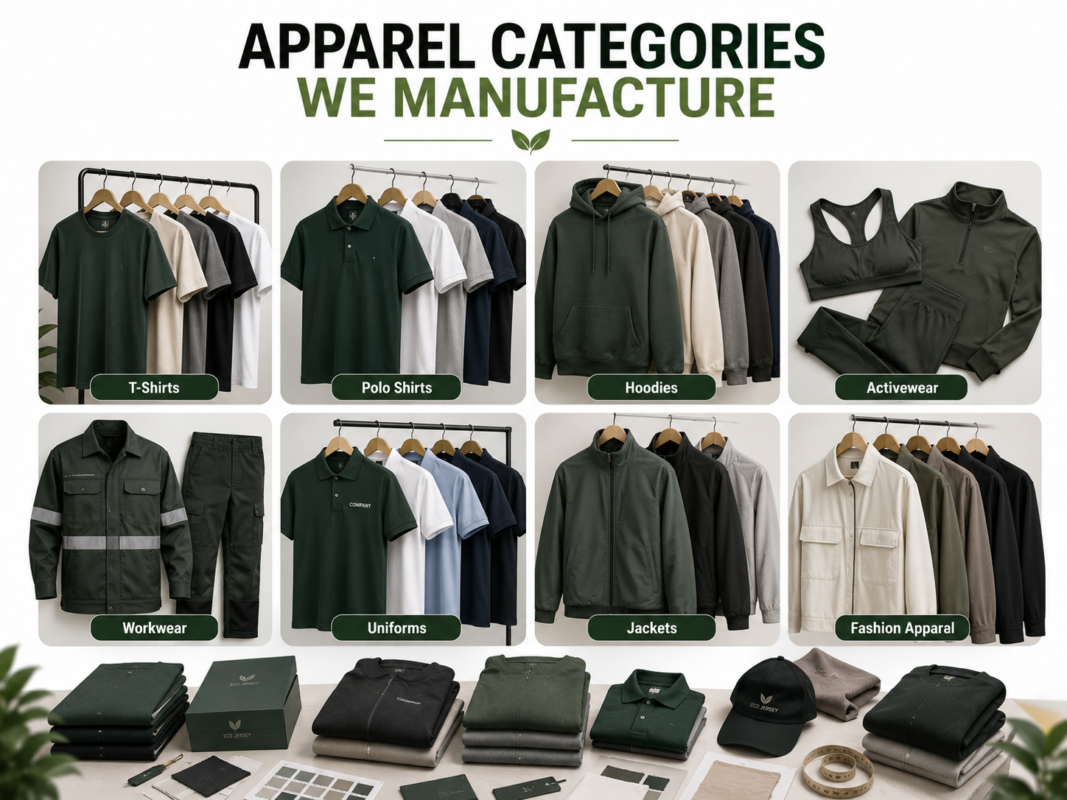 Apparel categories we manufacture - contract clothing manufacturer Eco Jersey showing t-shirts, polo shirts, hoodies, and activewear on clothing racks