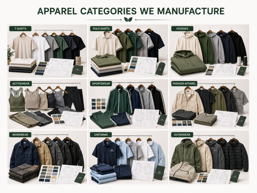 Apparel categories manufactured under made-to-order by Eco Jersey - T-shirts, polo shirts, hoodies and more custom garment types