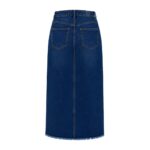 Back view of classic long premium high waisted denim skirt showing back panel, waistband and hem detail for wholesale denim skirt manufacturer
