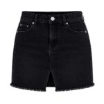 black women's denim mini skirt with front button closure and five-pocket design, product flat lay image by Eco Jersey