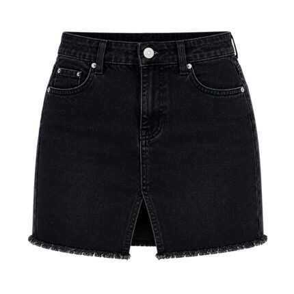 black women's denim mini skirt with front button closure and five-pocket design, product flat lay image by Eco Jersey