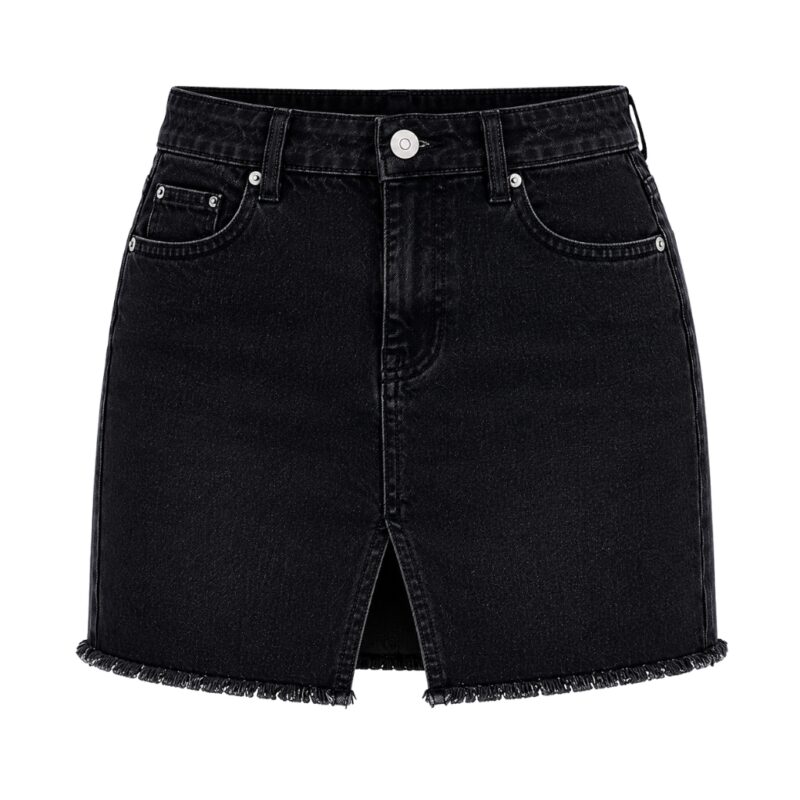 black women's denim mini skirt with front button closure and five-pocket design, product flat lay image by Eco Jersey