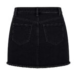 back view of black women's denim mini skirt showing rear pockets and belt loops, product image from behind by Eco Jersey