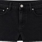 close up of black denim skirt waistband showing front button closure, rivets and double pocket detail, quality denim construction by Eco Jersey