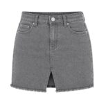 gray women's denim mini skirt with front button closure and five-pocket design, grey denim skirt product image by Eco Jersey