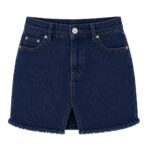 navy blue women's denim mini skirt with front button closure and frayed hem, dark blue denim skirt product image by Eco Jersey