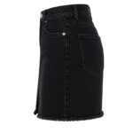 side view of black women's denim mini skirt showing rear and side pocket details with frayed hem, side angle product image by Eco Jersey