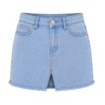sky blue women's denim mini skirt with front button closure and five-pocket design, light blue denim skirt product image by Eco Jersey