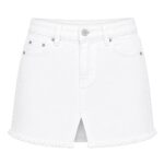 white women's denim mini skirt with front button closure and five-pocket design, white denim skirt product image by Eco Jersey
