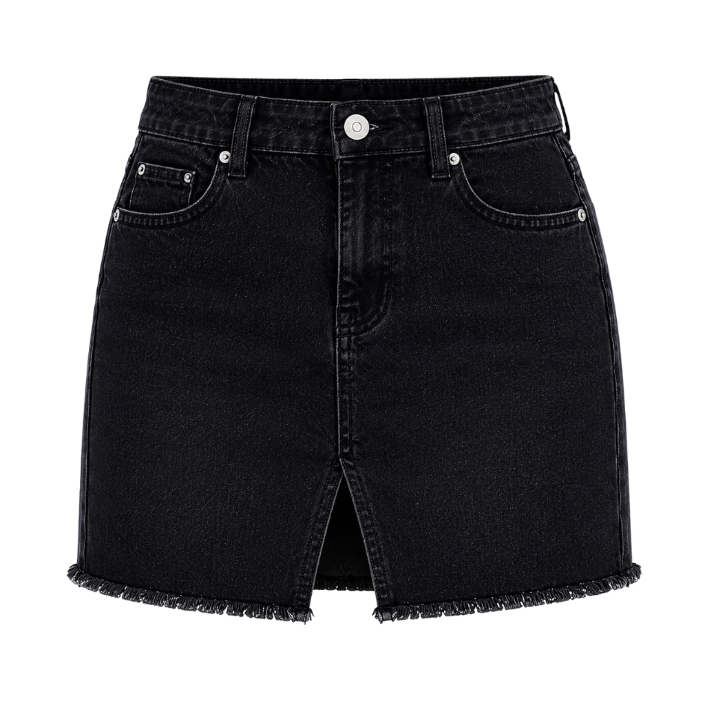 black denim skirt black women's denim mini skirt with front button closure and five-pocket design, product flat lay image by Eco Jersey