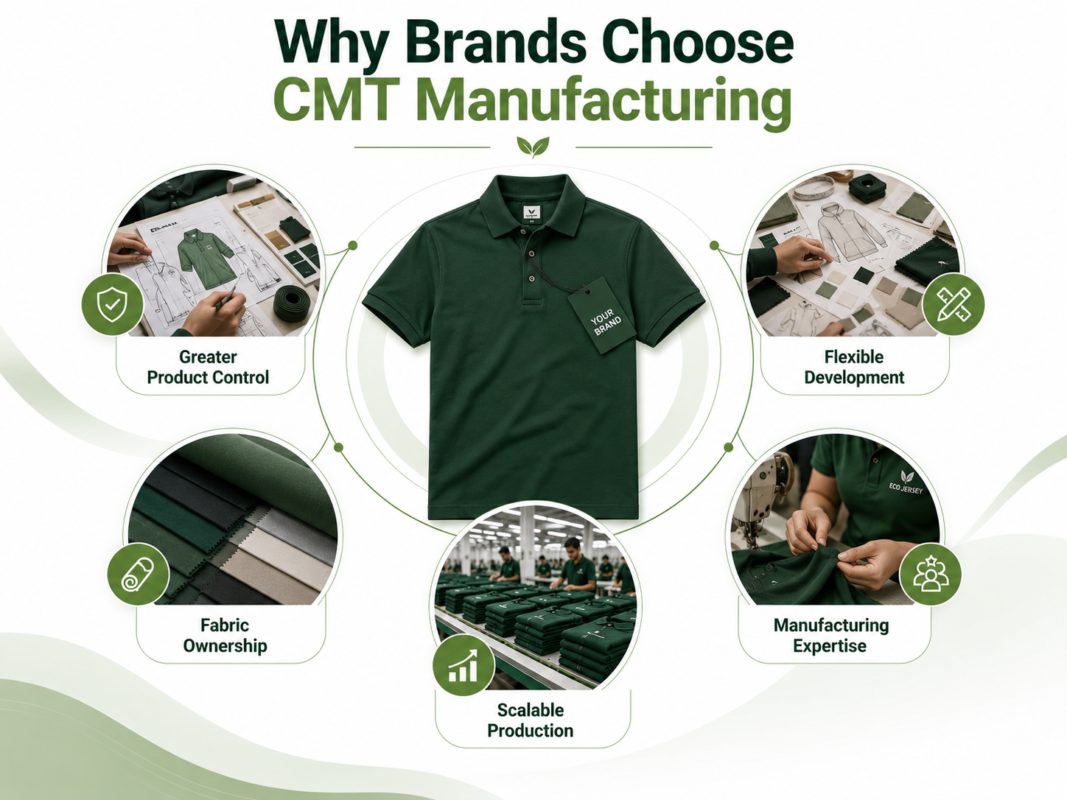 Why brands choose CMT manufacturing - infographic showing design tech packs, finished polo shirt, pattern making and key CMT manufacturing benefits by Eco Jersey