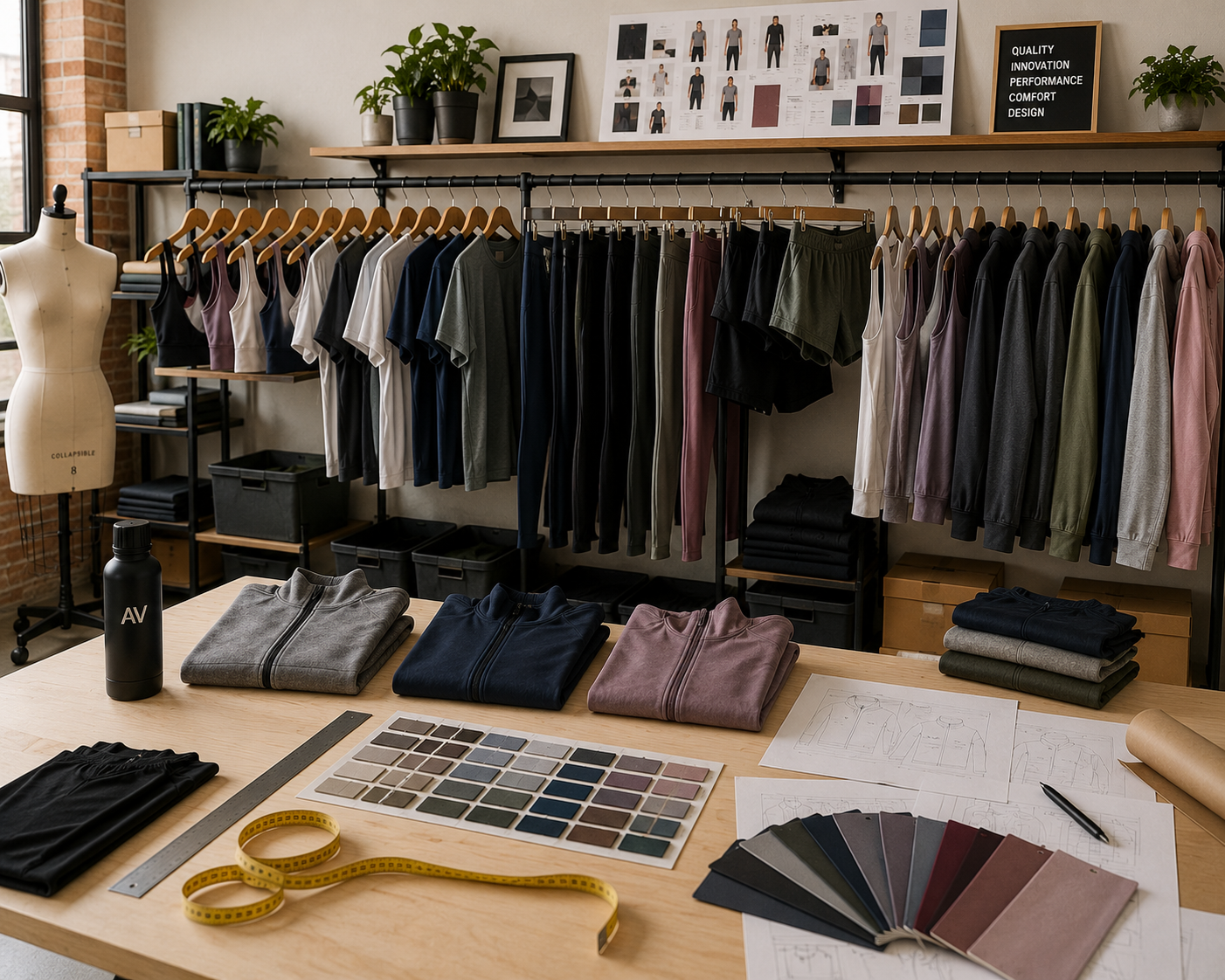 Complete activewear line design studio showing garments on hangers, mannequin, folded activewear, fabric swatches, and technical sketches for custom clothing manufacturer