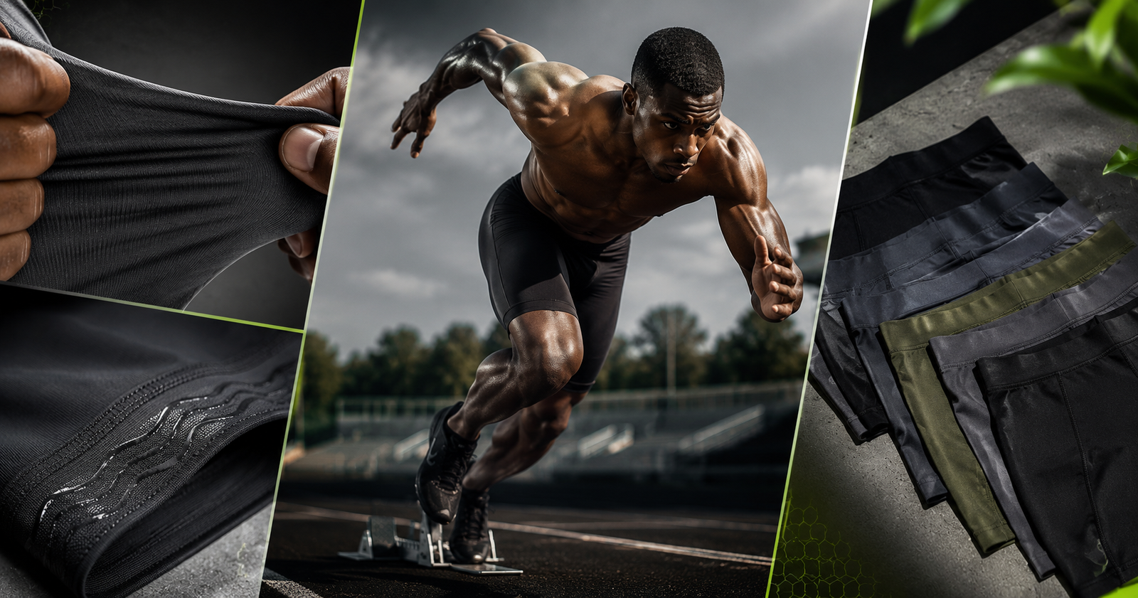 Compression shorts manufacturer hero banner with three panels showing fabric texture close-up, a sprinter in starting blocks wearing black compression shorts, and folded compression shorts stack