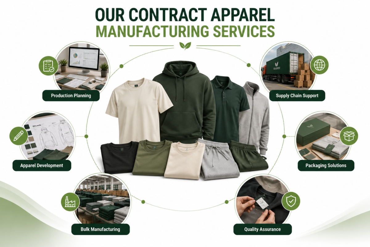 Our contract apparel manufacturing services by Eco Jersey - circular infographic showing production planning, garments manufacturing, and global delivery services