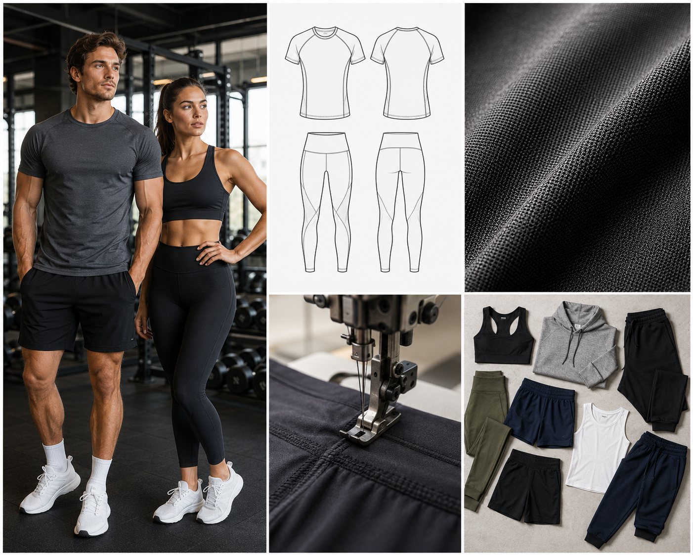 Custom fitness apparel manufacturer offering B2B wholesale production of activewear, gym wear, leggings, sports bras, and performance training clothing with custom branding