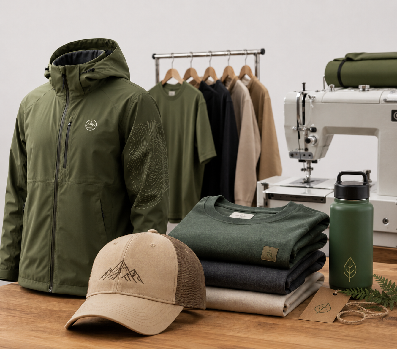 Eco Jersey outdoor apparel manufacturing range display showing an olive green hooded jacket, garments on hangers, a folded dark green t-shirt, a tan baseball cap with mountain embroidery, a dark green water bottle, and a sewing machine in the background on a wooden surface