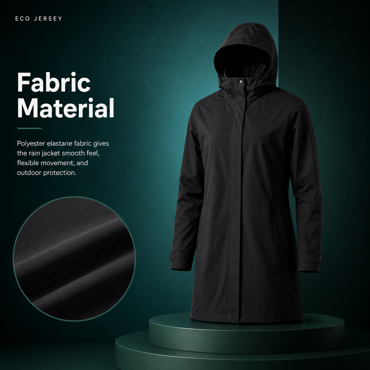 Fabric material detail for Waterproof Hooded Rain Jacket