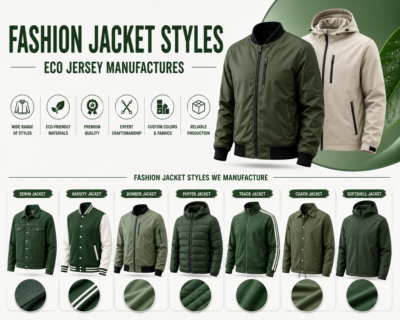 Fashion jacket styles infographic by Eco Jersey showing 7 manufactured styles including denim jacket, varsity jacket, bomber jacket, puffer jacket, track jacket, coach jacket, and softshell jacket with eco-friendly materials, premium quality, and expert craftsmanship
