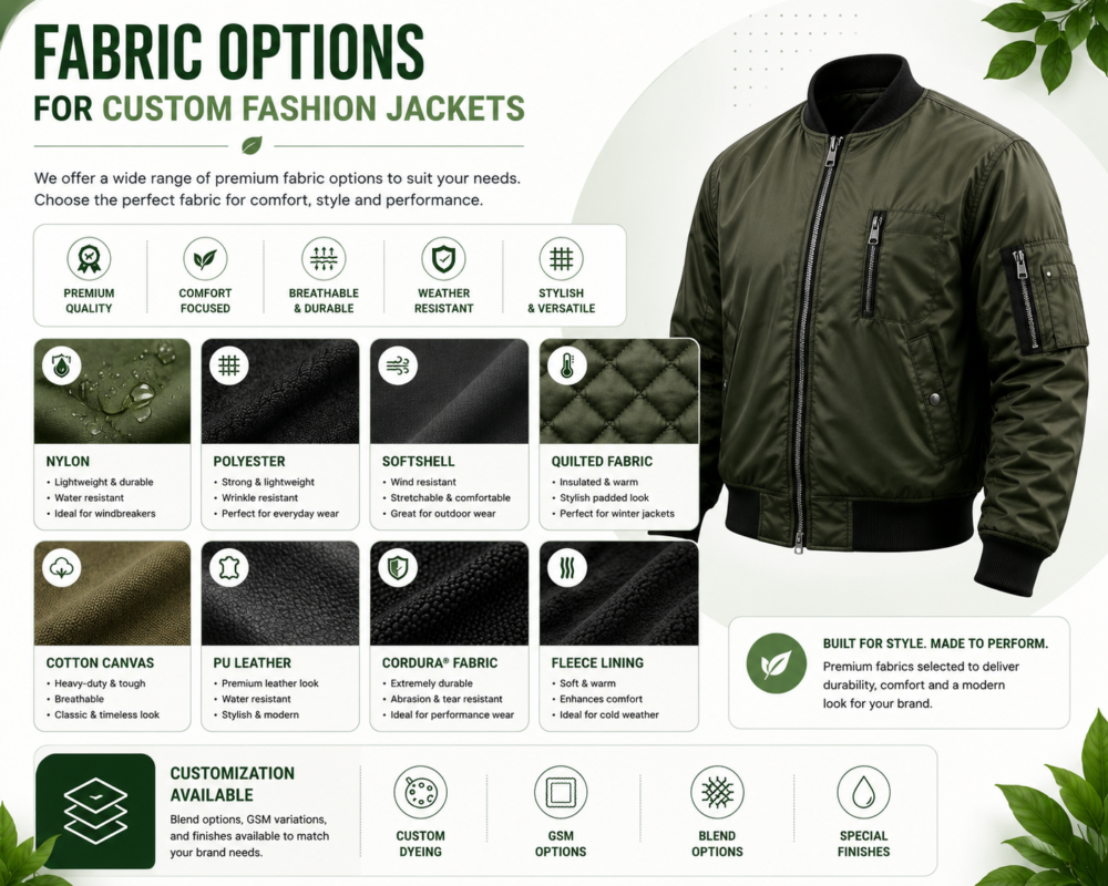 Fabric options infographic for custom fashion jackets showing 8 fabric choices including nylon, polyester, softshell, quilted fabric, cotton canvas, PU leather, Cordura, and fleece lining with customization options for dyeing, GSM, blends, and special finishes