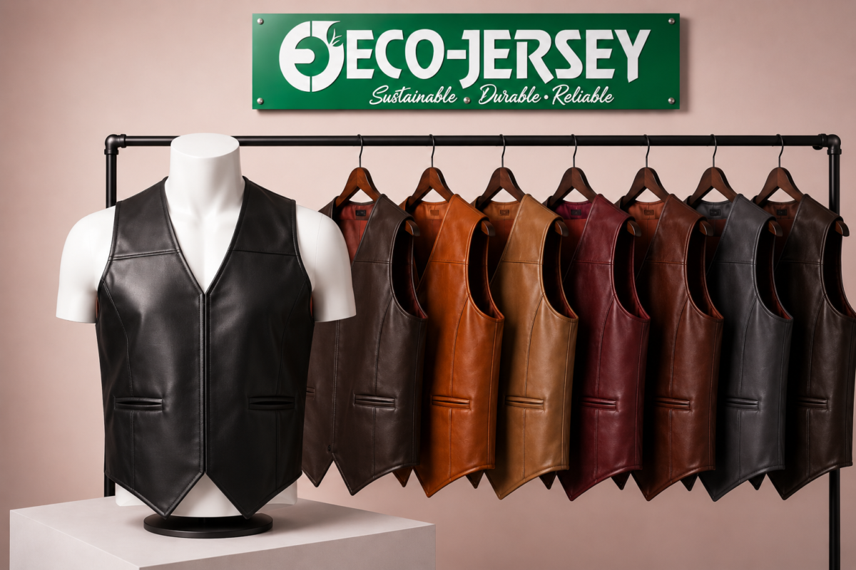 Feature image of premium leather vest for private label brands, showing complete vest design with pockets and V-neck style