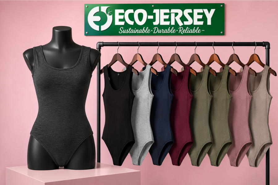 Custom sleeveless bodysuits in multiple colors on hangers with mannequin on pink background, wholesale manufacturing by Eco Jersey