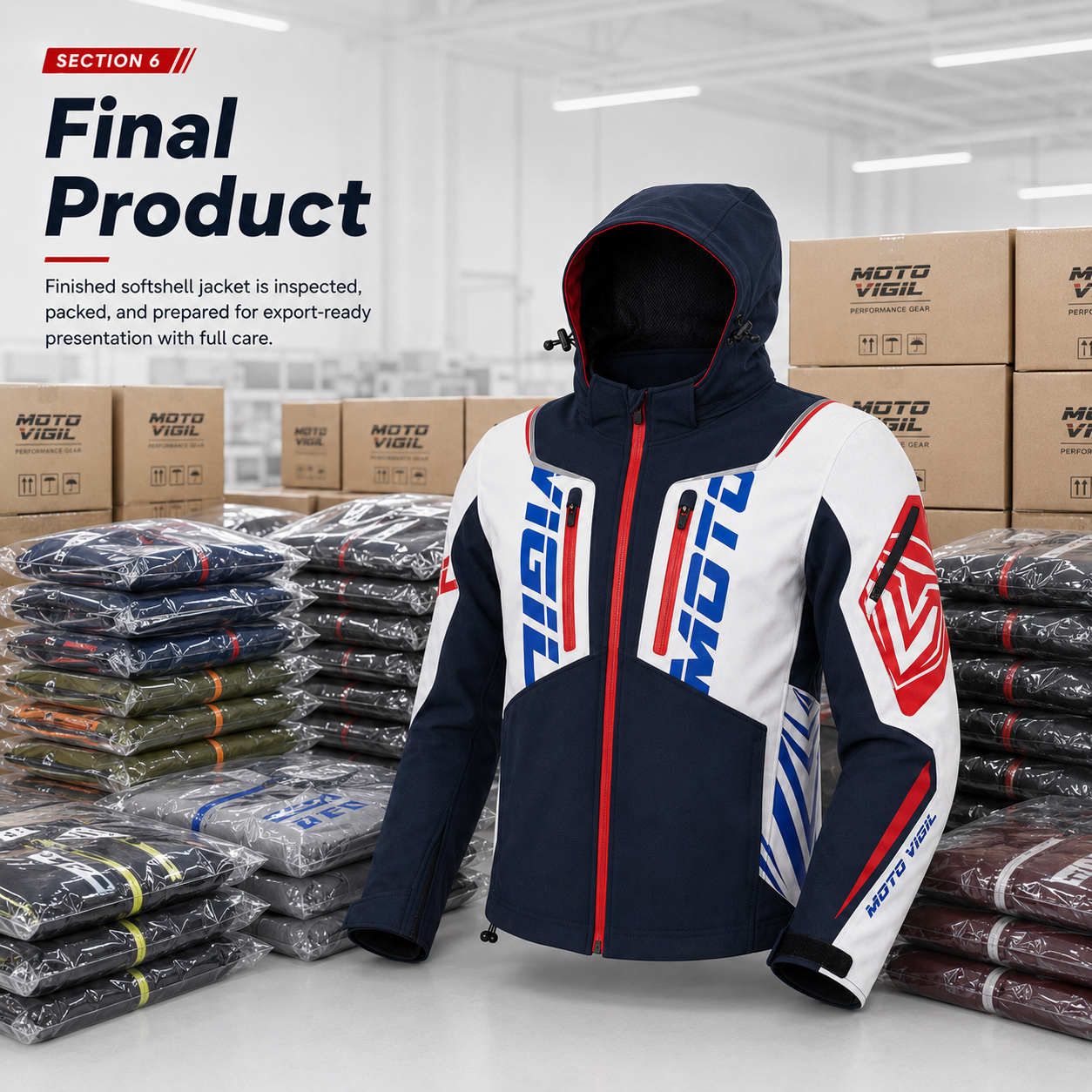 Final product image of custom sublimation printed softshell motorbike jacket for wholesale B2B manufacturing by Eco Jersey