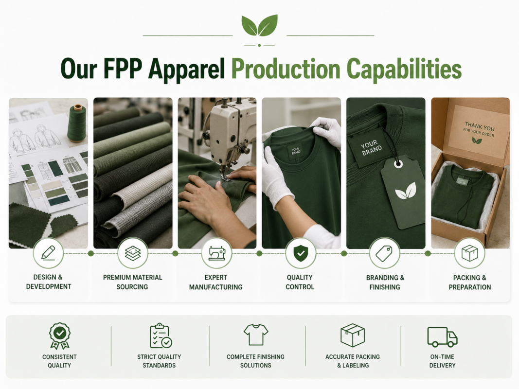 FPP apparel production capabilities by Eco Jersey - infographic showing full package production services including design, sourcing, cutting, sewing, and finishing for brands