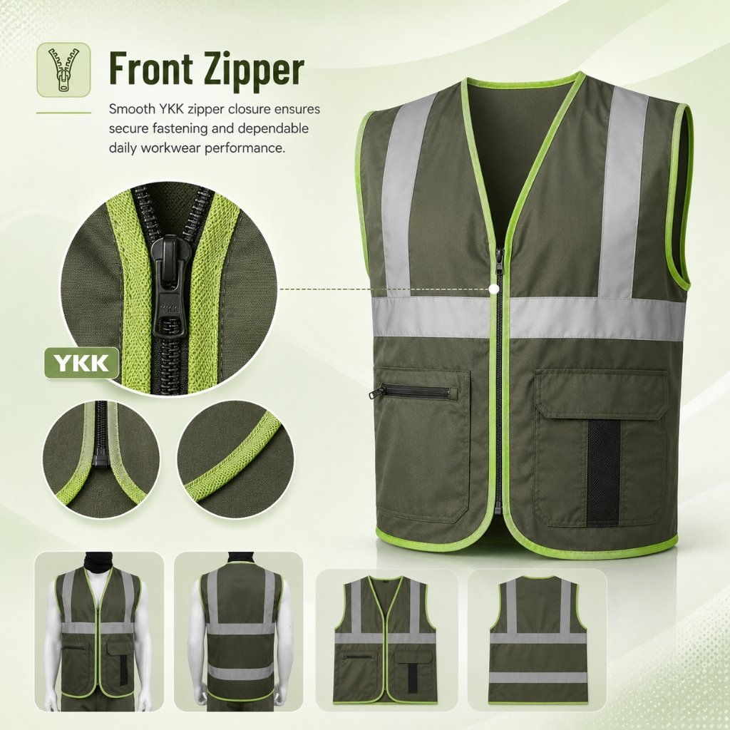Front zipper detail on premium workwear safety vest — durable heavy-duty zipper closure on high-visibility reflective safety vest for B2B wholesale manufacturing