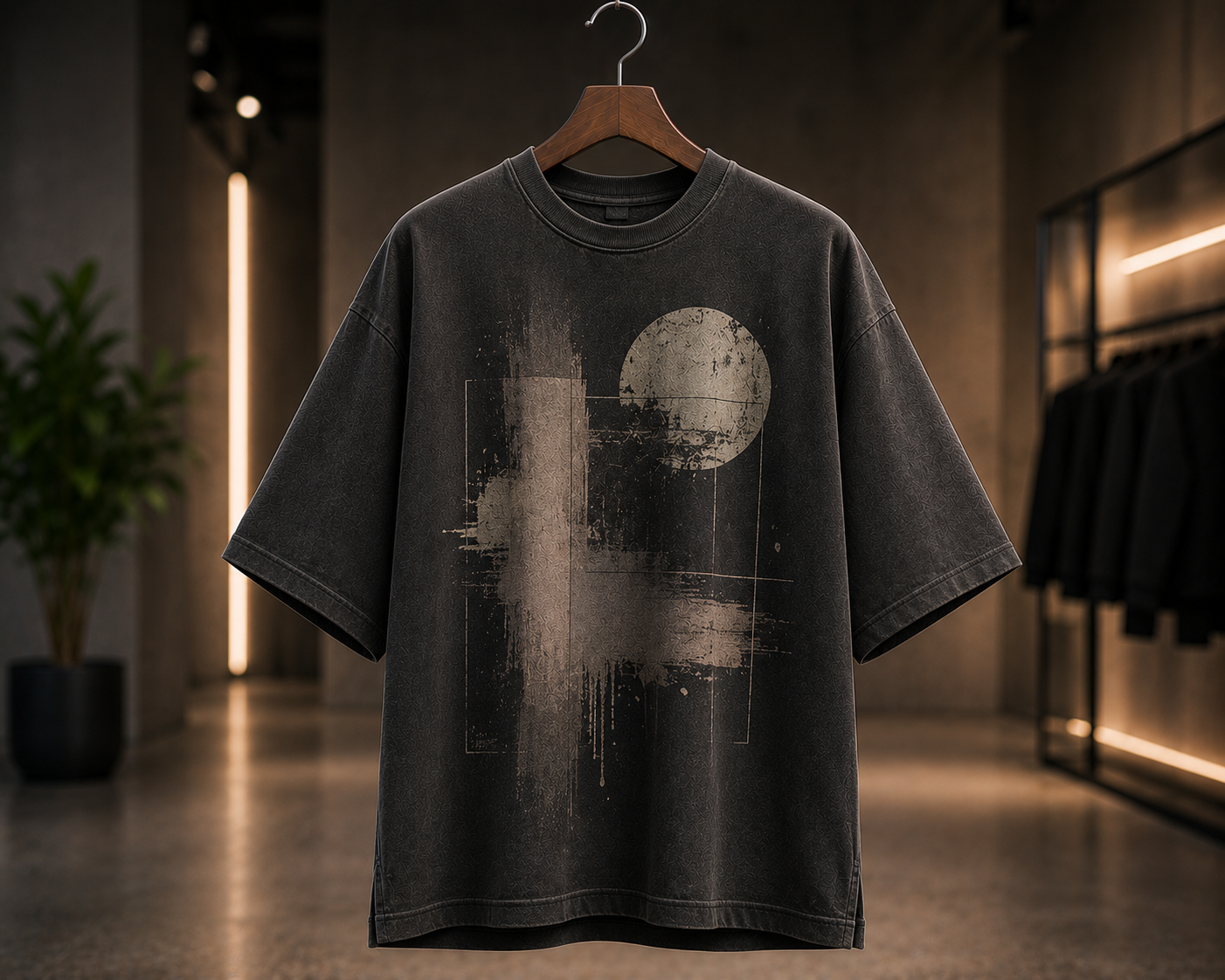 Washed black oversized graphic t-shirt on a wooden hanger with abstract paint splatter and circle print design in a studio setting
