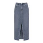 Gray color classic long premium high waisted denim skirt, custom denim skirt in grey wash for wholesale private label fashion brands