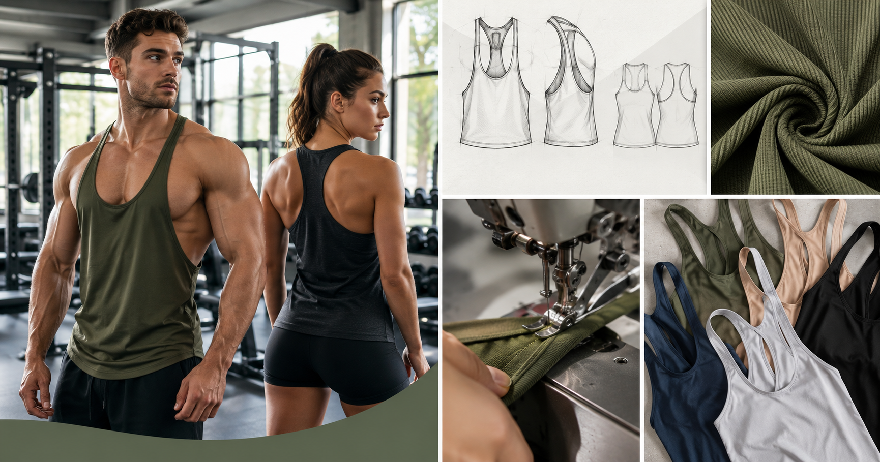 Gym stringers and sleeveless vests manufacturer collage showing athletes in olive green gym stringers, technical flat sketches, ribbed fabric texture, sewing process, and stacked folded vests in multiple colours