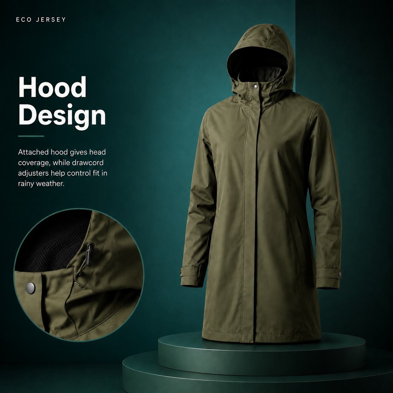 Hood detail on Waterproof Hooded Rain Jacket