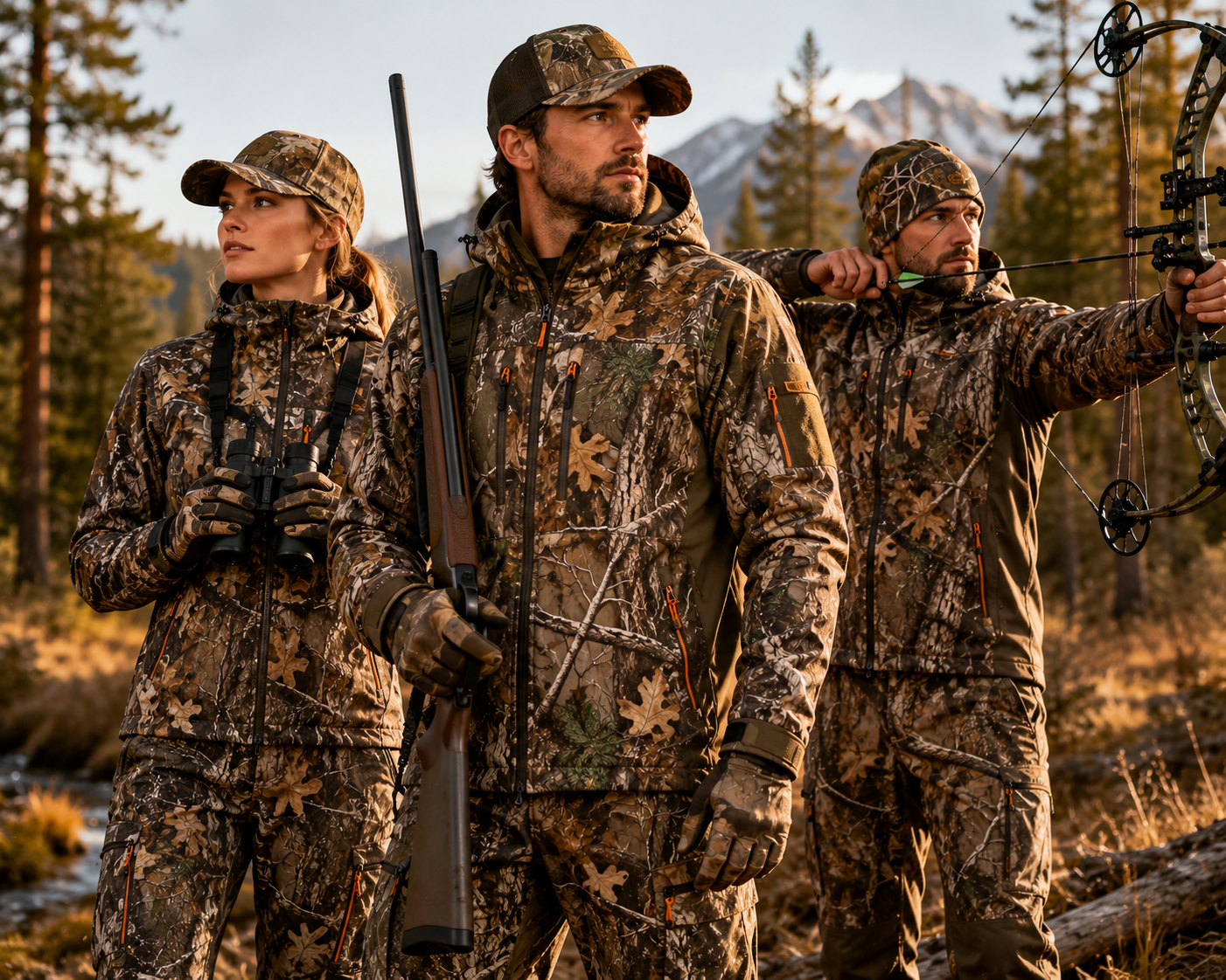 Three hunters wearing custom camouflage hunting apparel in a forest setting: woman with a rifle and binoculars, man with a compound bow in the center, and another hunter in the background, all dressed in full tree bark camouflage pattern suits
