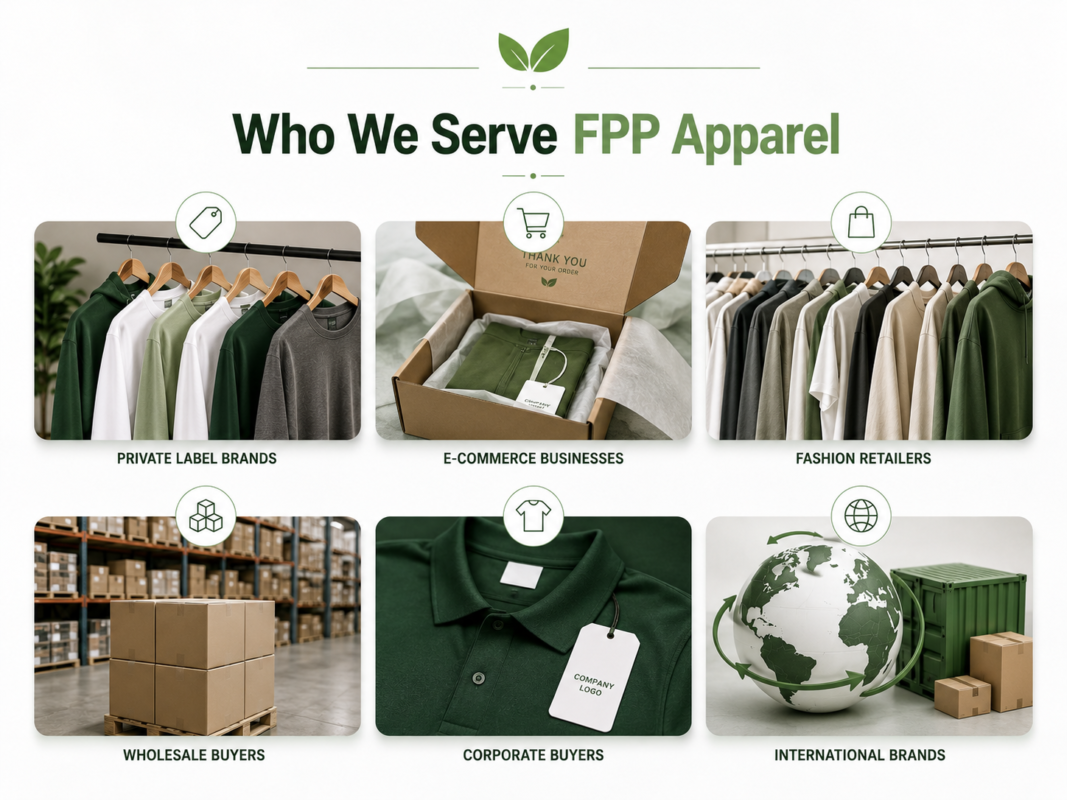 Who we serve for FPP apparel manufacturing - infographic showing private label brands, e-commerce, and retail clients with Eco Jersey