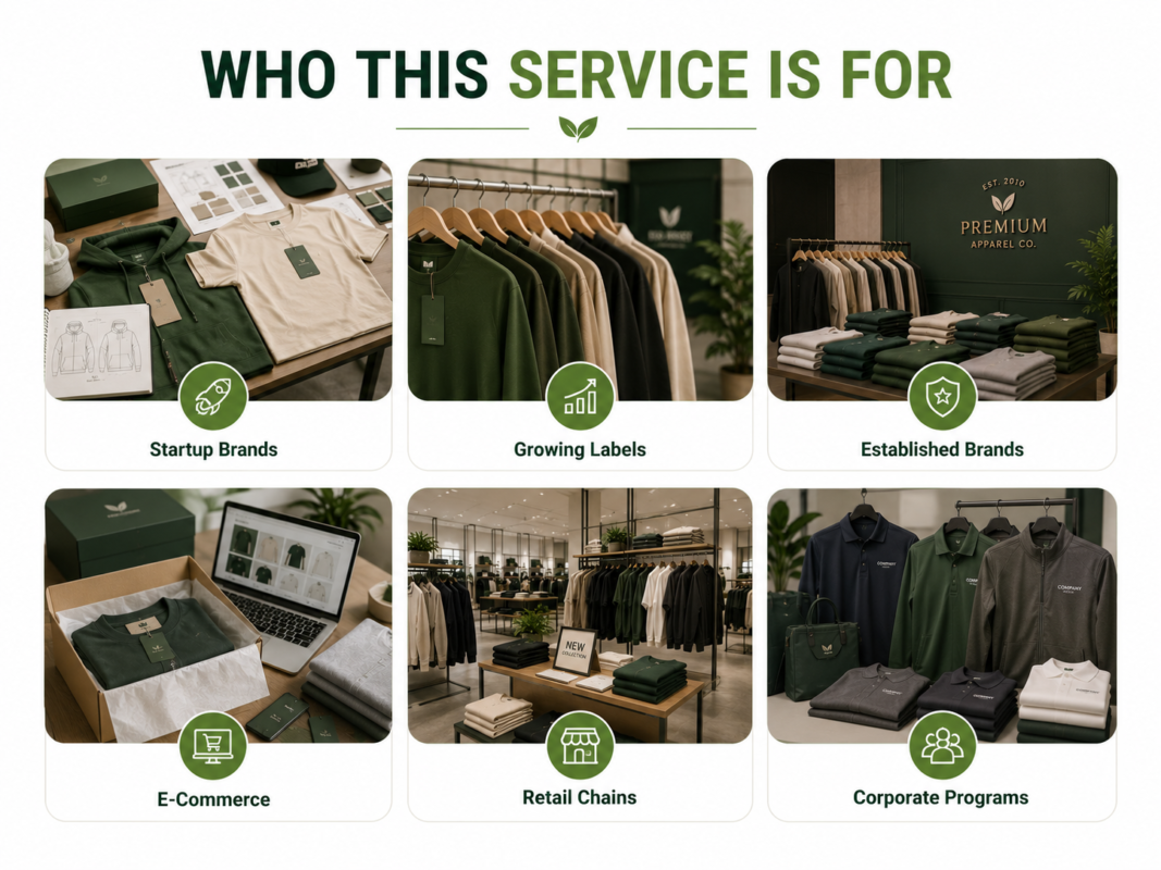 Industries served by Eco Jersey for contract apparel manufacturing - including fashion brands, sportswear, workwear, and uniform companies
