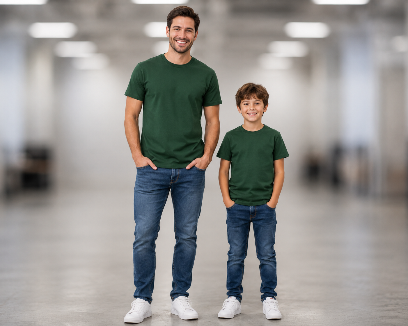 Adult man and child wearing matching dark green custom t-shirts showing bulk t-shirt manufacturing for kids and adults