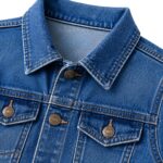 kids denim jacket close up detail shot, denim fabric texture and stitching quality by Eco Jersey