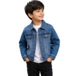 child wearing kids denim jacket, model view of children's denim jacket by Eco Jersey