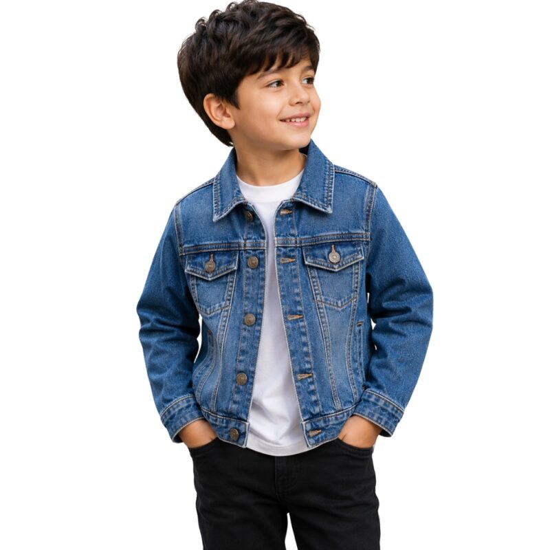 child wearing kids denim jacket, model view of children's denim jacket by Eco Jersey