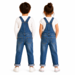 Back view of a boy and girl wearing matching blue denim overalls with white long-sleeve tops and white sneakers showing back pockets and strap details on a clean white background