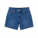 Close-up of kids blue denim shorts showing waistband, button fly, and front pockets on a transparent background
