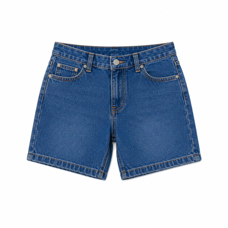 Close-up of kids blue denim shorts showing waistband, button fly, and front pockets on a transparent background