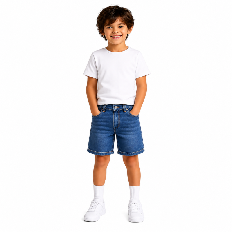 Front view of a smiling young boy wearing blue denim shorts with a white t-shirt and white sneakers on a clean white background