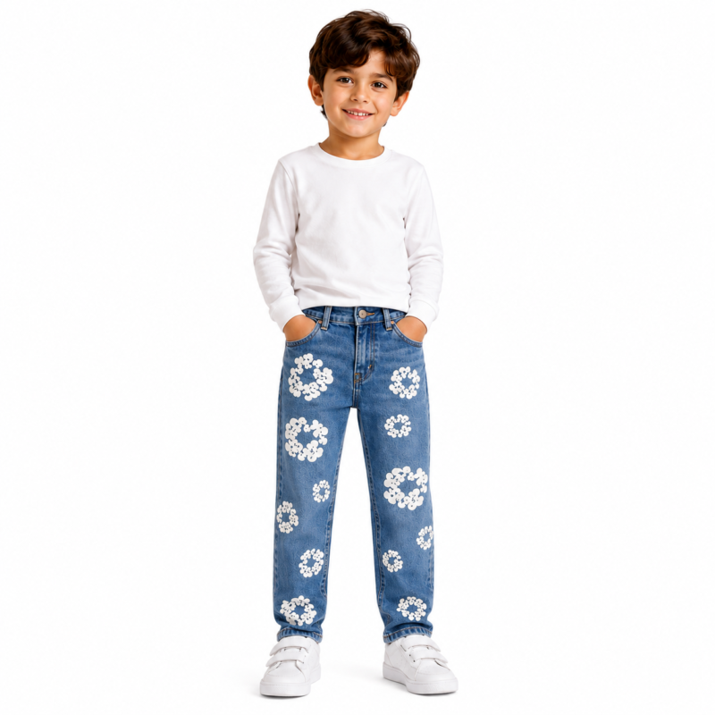 Front view of a smiling young boy wearing blue distressed denim jeans with all-over white daisy floral patch embroidery, white long-sleeve top, and white sneakers on a transparent background