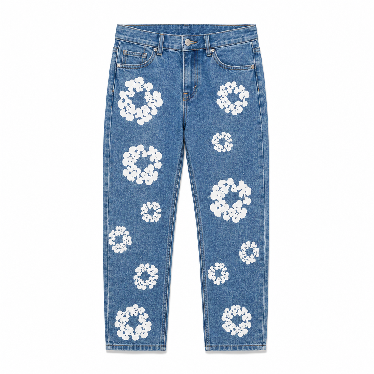 Kids Denim Jeans with Daisy Floral Patch Embroidery Flat lay of kids blue denim jeans with all-over white daisy floral patch embroidery on a transparent background