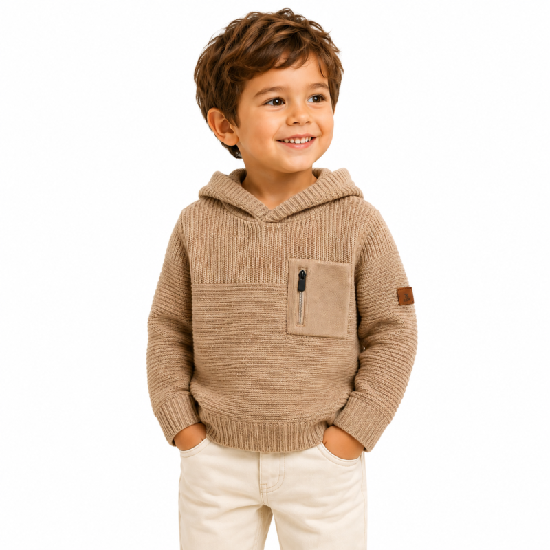 kids knitted hoodie- model front view