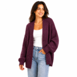 Women's maroon chunky knit open-front cardigan with ribbed cuffs and hem - custom knitwear by Eco Jersey