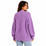 Women's lavender chunky knit open-front cardigan - model back view showing cable knit pattern and relaxed drape, custom knitwear by Eco Jersey